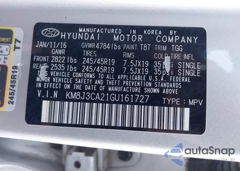2016 Hyundai Tucson Sport z USA, uszkodzony, nr VIN KM8J3CA21GU161727